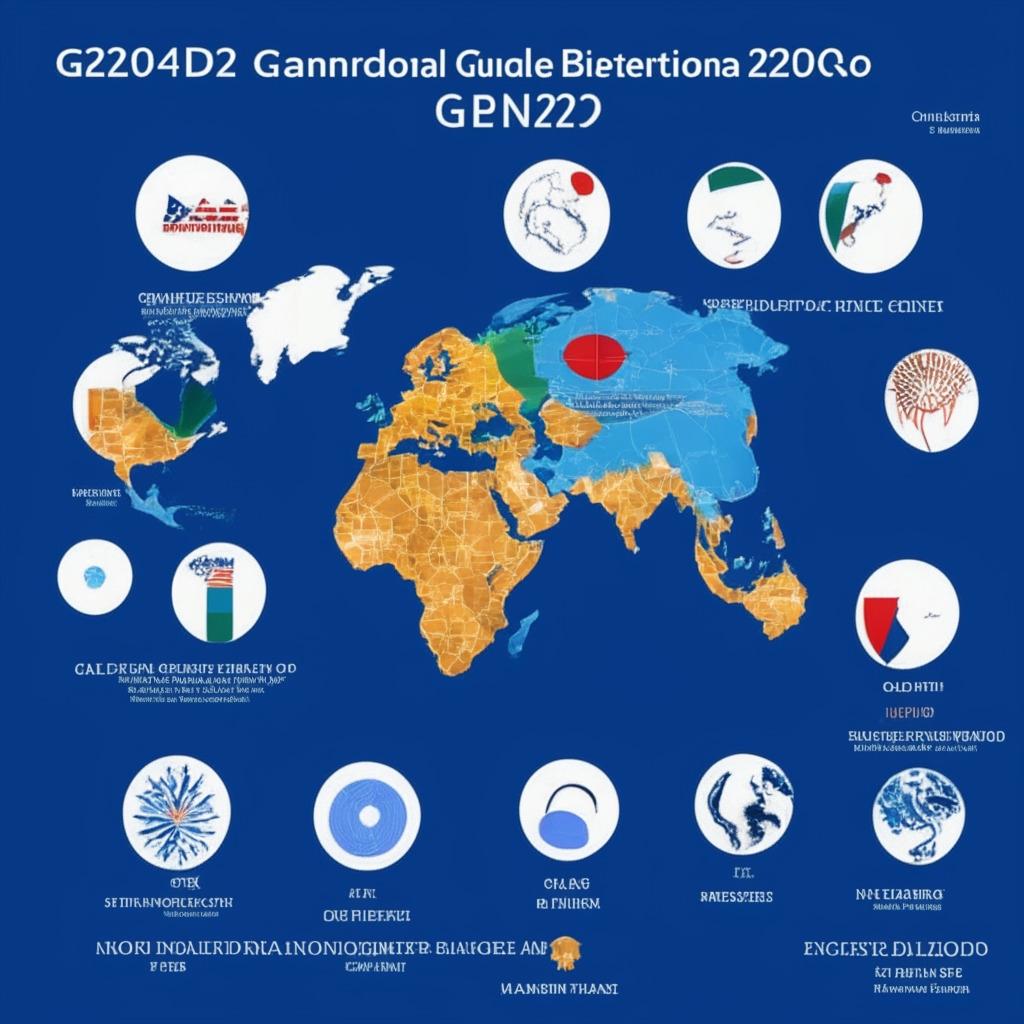 G-7 vs G-20 divide on stablecoin regulation, elegant global leaders' meeting, twilight, contrasting moods, advanced economies open to regulation, emerging economies urging for stricter rules, fragmented oversight, Japan & India leading respective groups, delicate balance, need for open dialogue & coordination.