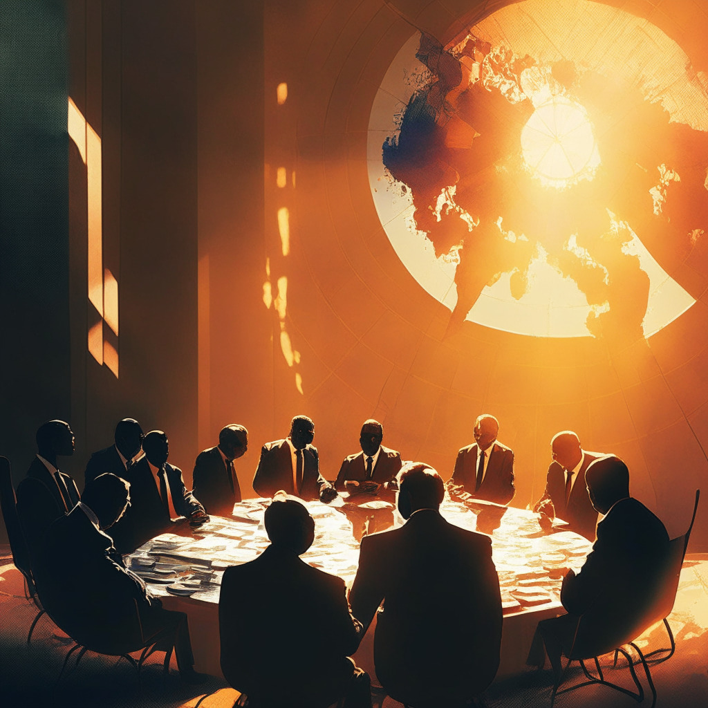 Intricate global conference scene, leaders in deep discussion, contrasting emotions, warm vs cool color palette, sunlight streaming through windows, chiaroscuro lighting, Looming shadows representing emerging economies' concerns, Ethereal glow around stablecoin concept, subtle metaphorical barriers between G-7 & G-20, underlying urgency, harmonious & discordant elements.