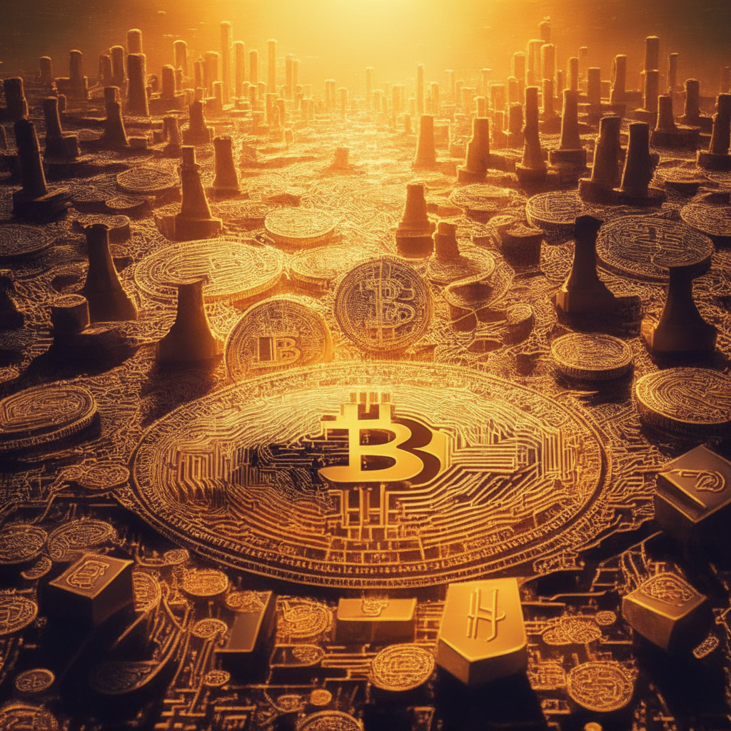 Intricate financial landscape, gleaming bitcoin coin, optimistic investors, warm golden sunlight, abstract SEC battleground, dynamic ETF chessboard, dimly lit hurdles, anticipatory mood, complex regulatory structures, emerging hope, traditional investment firms eyeing opportunities.