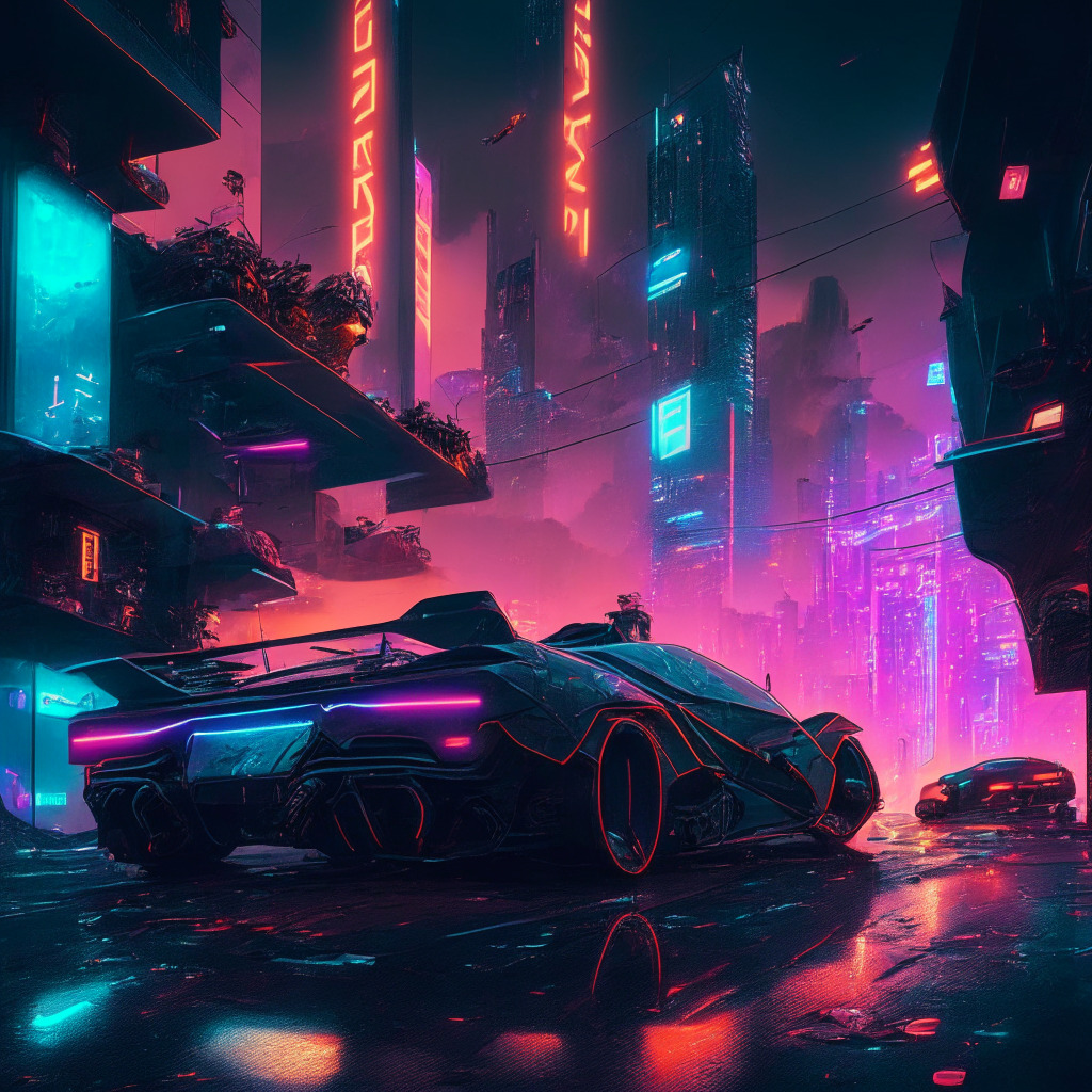 Futuristic cityscape, blockchain gaming excitement, dusk lighting, cyberpunk vibes, neon-lit streets, Grand Theft Auto elements, NFT-inspired cars & weapons, Doctor Who & Top Gear integration, virtual world, The Sandbox platform, moody atmosphere, merge of gaming & Web3 technology.