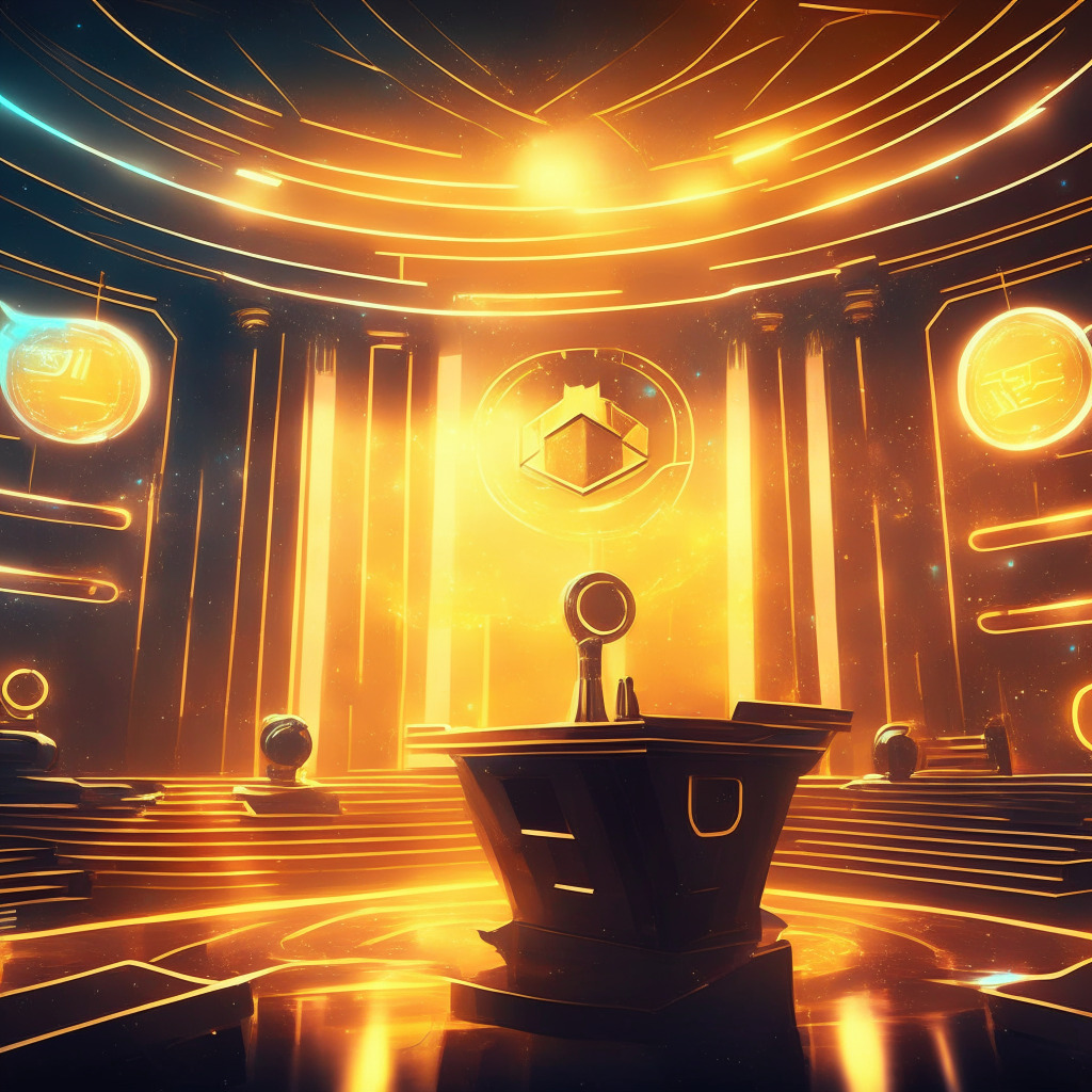 Futuristic courtroom setting, blockchain & digital asset elements, soft golden lighting, abstract artistic style, somber mood. Scene: Judge's gavel striking, Galaxy Digital & BitGo representatives, background featuring a crypto market landscape, hints of partnership & growth opportunities.