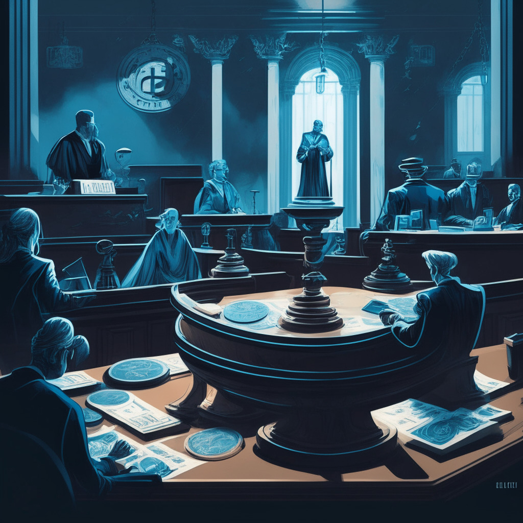 Intricate courtroom scene, balance scale with digital coins, judge's gavel, legal documents, opposing parties at separate tables, tension in the air, somber mood, chiaroscuro lighting, contemporary-art style, hues of blue and gray to convey seriousness, a reminder of the importance of crypto compliance and transparency. (Characters: 348)