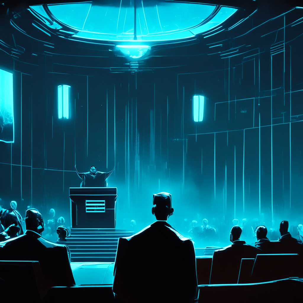 A dimly lit, futuristic courtroom scene, tension in the air, two opposing sides: Galaxy Digital and BitGo. Central figure, a federal judge, announces the verdict in favor of Galaxy Digital amid compressed blockchain patterns. A subtle chiaroscuro art style captures the volatility of the crypto market, hinting at the importance of transparency and compliance in this world.