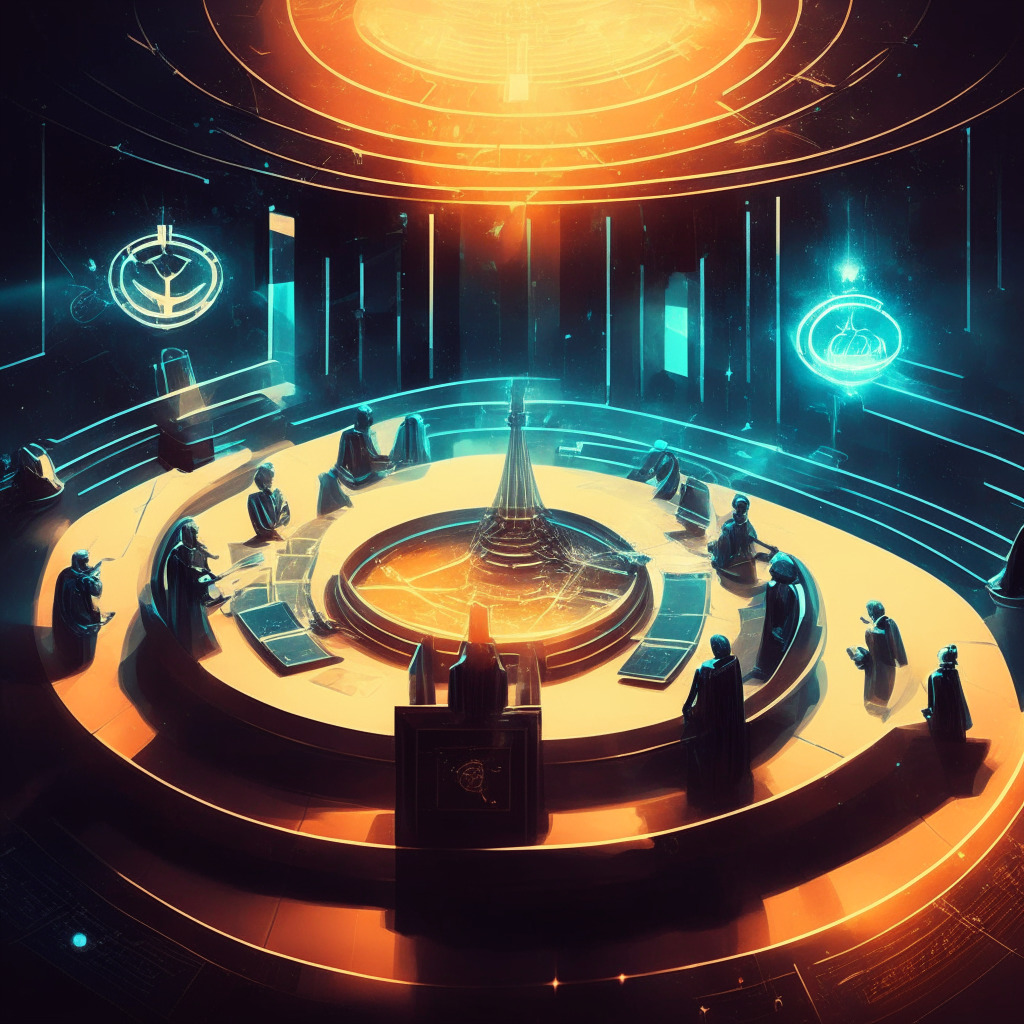 Intricate courtroom scene, Galaxy Digital vs BitGo, with hints of crypto symbolism, a judge weighing balance scales, warm lighting, contrasting shadows, underlying tension, sense of relief, subtle merger agreement in the background, air of mystery, financial statements scattered, glowing futuristic global financial system vision.