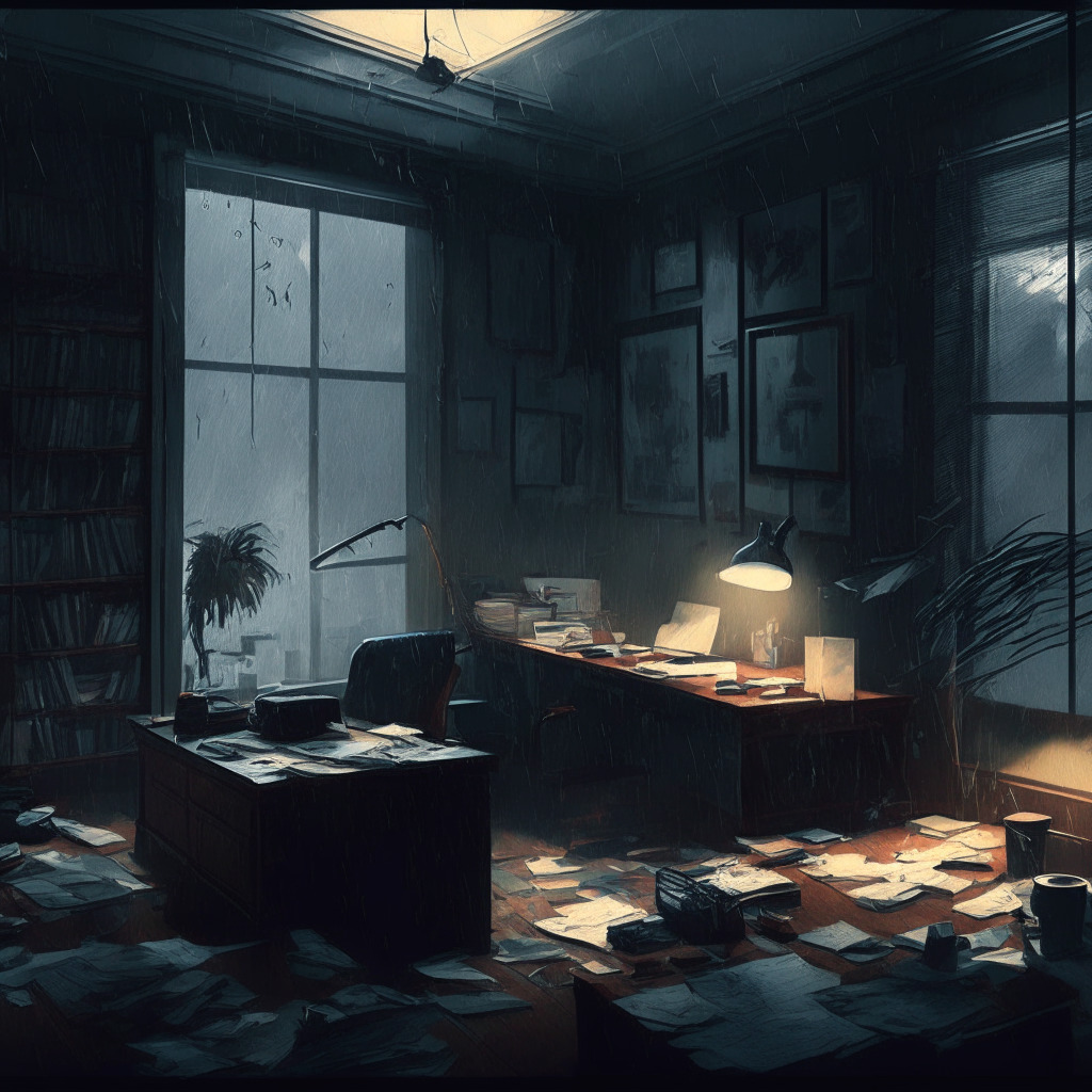 Intricate office scene, ousted CEO packing belongings, dimly lit room, turbulent storm outside window, scattered NFTs and gaming memorabilia, Chiaroscuro painting style, financially fraught atmosphere, blend of contemporary tech and classical art, melancholic mood. (350 characters)