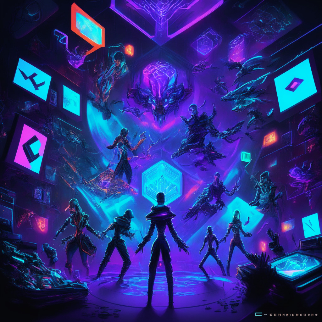 Futuristic gaming scene, GameStop NFT collection, Illuvium partnership, Ethereum blockchain, dynamic NFT artwork, vivid avatars with distinct expressions, powers, rarity, Illuvi decentralized exchange, creature collector games, contrasting light, shadow play, intense colors, heightened energy, sense of anticipation, enigmatic mood, creative harmony, potential opportunities, uncertain risks.
