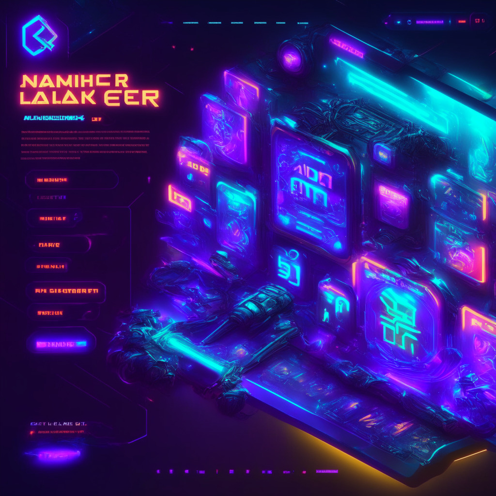 Web3 game launcher concept, futuristic gaming store, blend of blockchain elements and gaming icons, glowing neon lights, vibrant colors, artistic cyberpunk style, high-performance blockchain infrastructure, energetic mood, seamless gaming experience, potential for long-term growth, transitioning Web2 to Web3, inviting atmosphere, gamers & investors.
