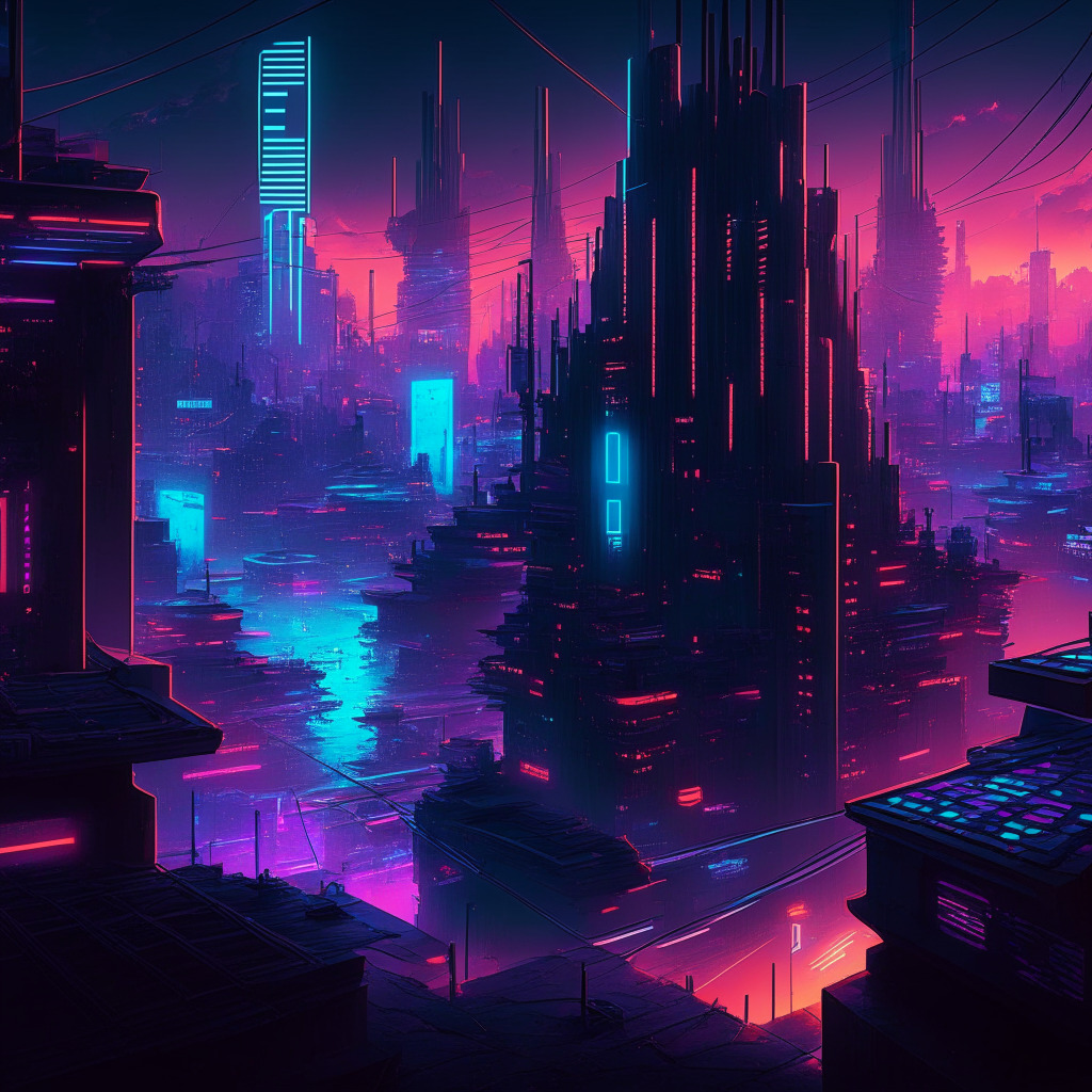 Futuristic gaming metropolis, dusk cityscape, magical neon lights, Web3 gaming platforms converging, blockchain networks interlacing, chiaroscuro shading, dynamic composition, exhilarating yet cautionary atmosphere, subtle warnings, advanced tech integration, decentralized gaming utopia.