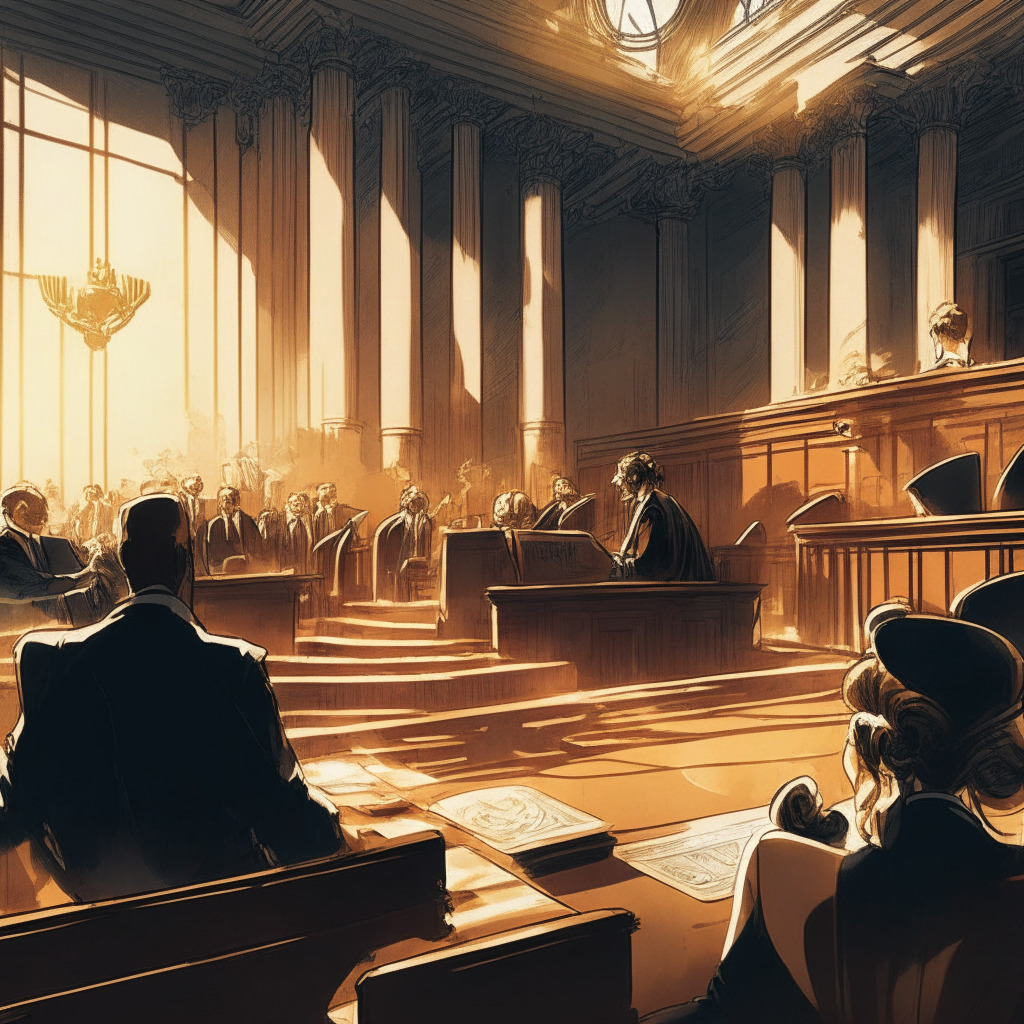 Cryptocurrency courtroom scene, Binance and SEC lawyers in debate, a thoughtful Gary Gensler presiding, background features Japan setting, calming cool-toned palette, Baroque style accents, late afternoon sunlight casting long shadows, an air of anticipation and uncertainty, contrasting sharp lines and flowing curves, reflecting ethical dilemma of impartiality.