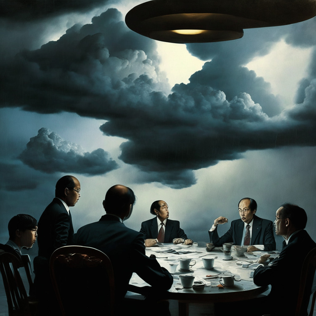 Regulatory landscape scene, chiaroscuro lighting, Gary Gensler & Changpeng Zhao discussing at a table, subdued colors, tense atmosphere, neoclassical art style, contrasting ideas, stormy clouds overhead representing SEC enforcement actions. Max 350 characters