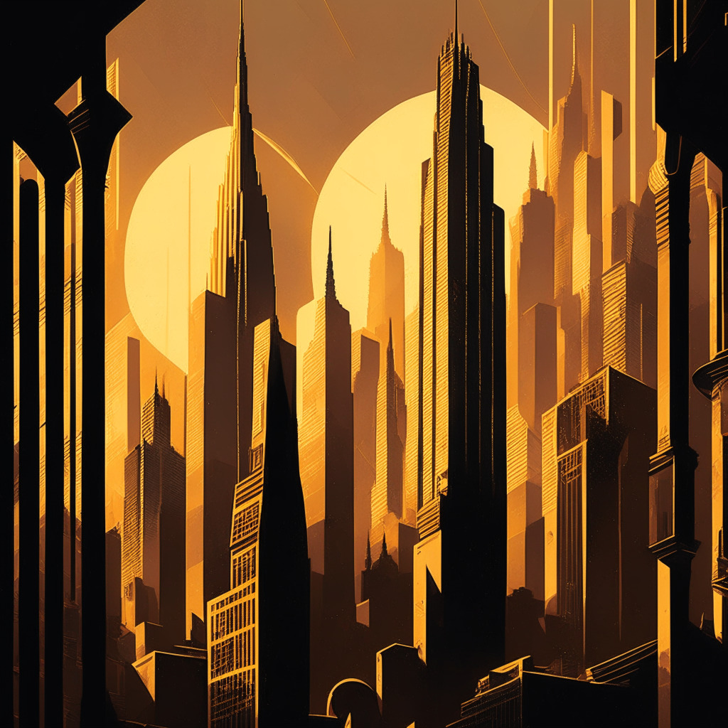 Intricate city skyline, 1940s artistic style, moody shadows, golden-hour glow, chaotic market environment, subtle hints of Bitcoin & Ethereum symbols, tension between traditional finance & cryptocurrency, apex of triangle pattern, optimistic undercurrent.