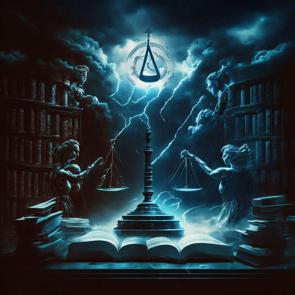 Intense legal battle scene, Gemini & Genesis vs SEC, law books and cryptocurrency symbols intertwined, chiaroscuro lighting, stormy atmosphere with a glimpse of hope, expressions of determination and confidence on protagonists faces, tension between sides, undecided fate of users in the balance.