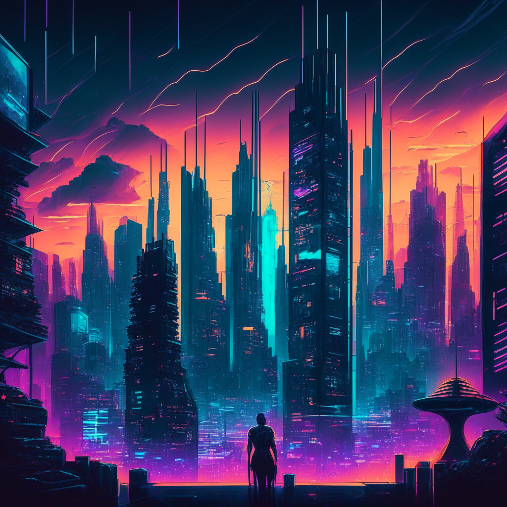 Futuristic city skyline with crypto-influence, blend of Singapore, Hong Kong, and Sydney architecture, diverse office staff in a high-tech workspace, glowing crypto symbols in neon lights, twilight cityscape, mélange of Van Gogh and cyberpunk style, dynamic yet uncertain mood with a tint of regulatory tension, ray of hope breaking through clouds.