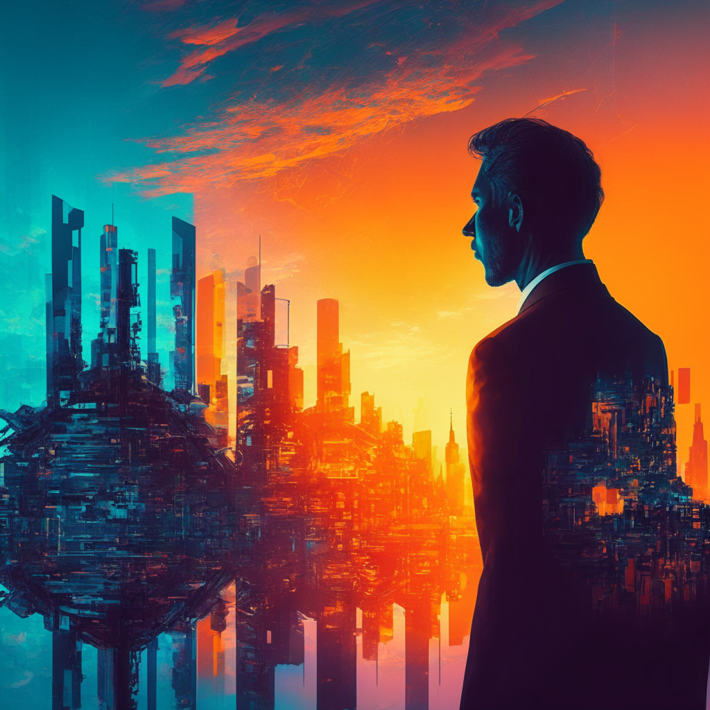 Generative AI transforming industries, executives pondering adoption, intricate futuristic cityscape, blend of technology and human workforce, subdued colors, sunset lighting, mood of uncertainty mixed with optimism, contrast between excitement and concerns, emphasis on responsible and ethical AI deployment.