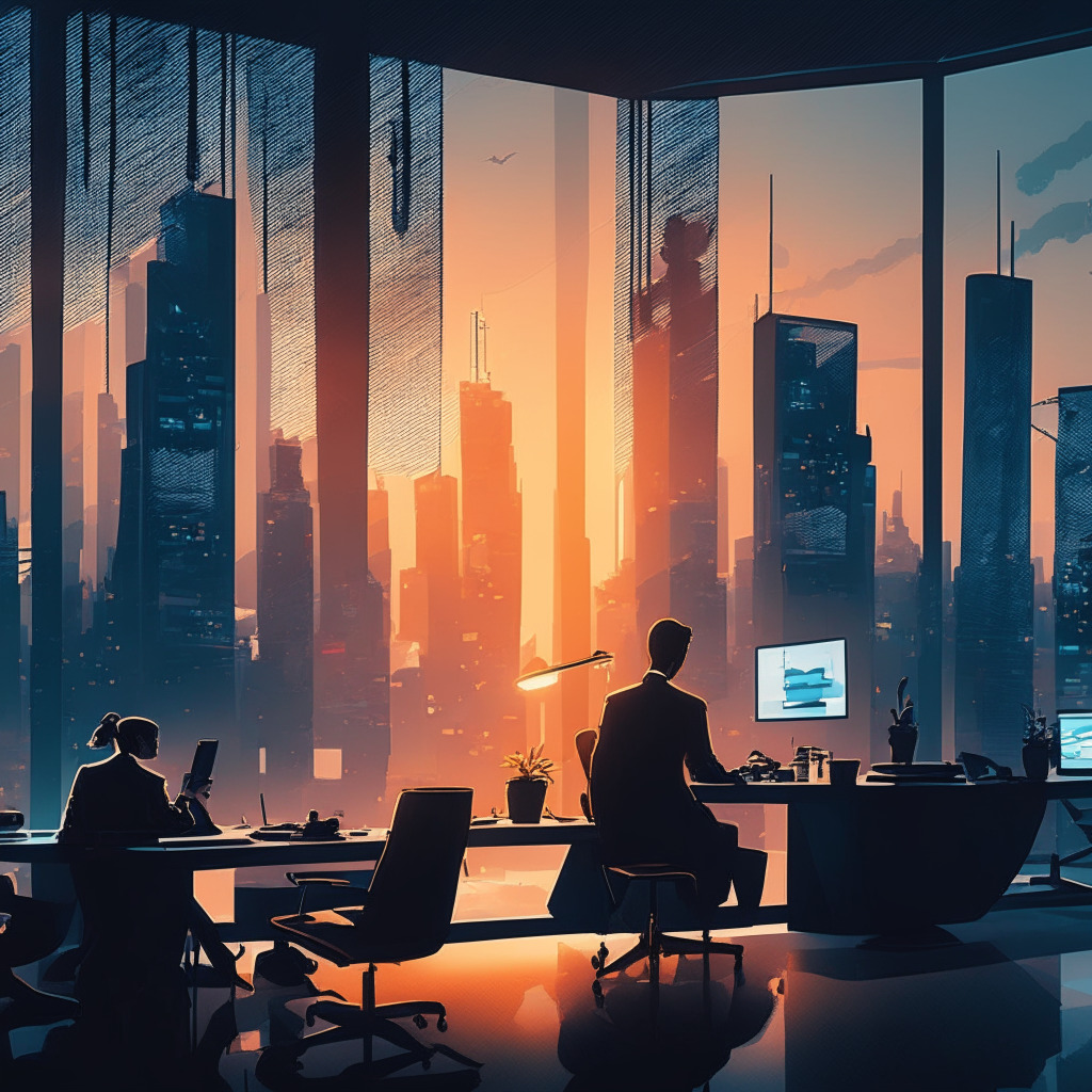 Futuristic office scene depicting AI automation, variety of professional roles, global representation, dusk city skyline, touches of impressionism, contrasting light and shadow, dynamic yet somber mood, the ethical debate in the background. AI-driven collaboration, interconnected world economy, hints of uncertainty, potential disruption in harmony.