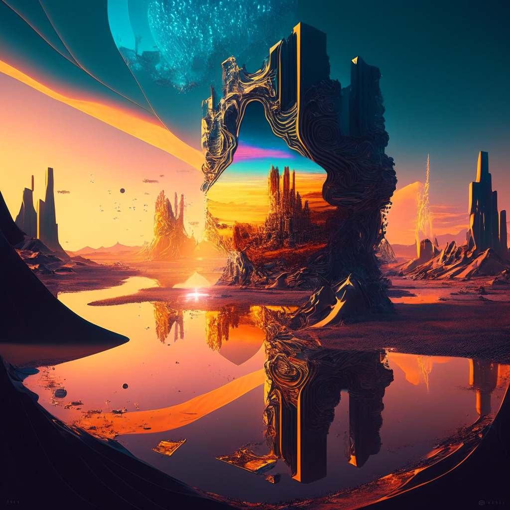 Surrealist AI-generated landscape showcasing creativity revolution, golden-hour lighting, intricate art composition, chiaroscuro shading, somber mood merged with futuristic optimism, ethical dilemma holographic overlay, diverse data patterns, artistic collaboration symbolism, deepfake warning elements.