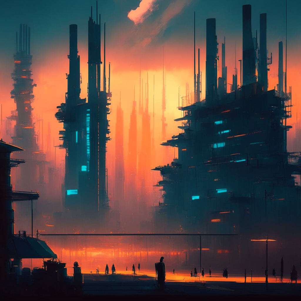 Futuristic cityscape with AI-driven economy, diverse industries flourishing, people collaborating with robots, underlying concern & uncertainty, dusk light evoking ambivalence, impressionist style capturing industrial revolution, tension between progress & workforce risks, hopeful yet cautious mood.