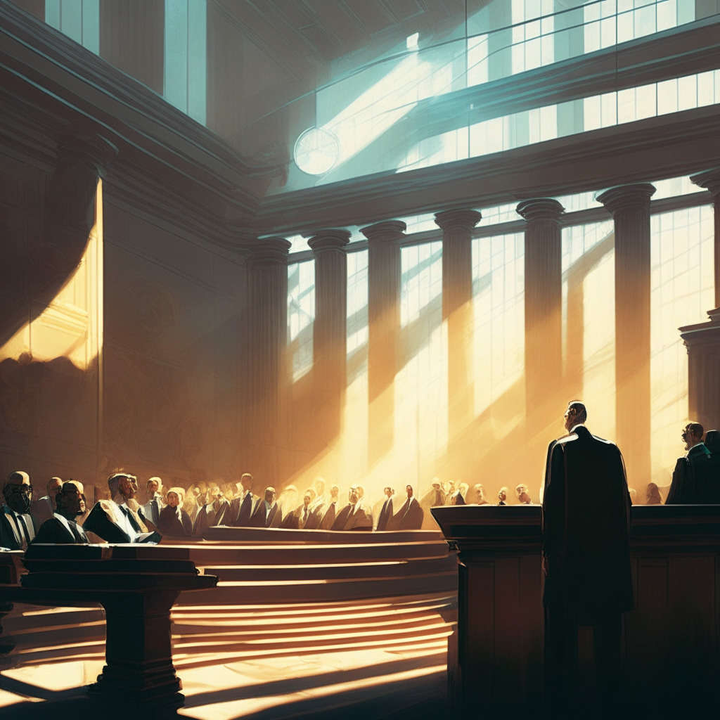 Futuristic courtroom scene, Gary Gensler and crypto businesses, Wall Street representatives in background, subtle crypto vs. traditional finance tension, soft light casting long shadows, detailed artistic style, cautious optimism in the atmosphere, sense of anticipation and uncertainty.