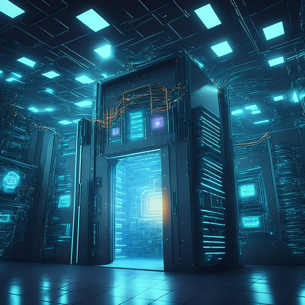 Futuristic data center powered by blockchain, diverse developers collaborating on AI projects, decentralization theme, warm ambient lighting, steampunk style, empowering mood, underutilized hardware coming to life, global accessibility, interconnected devices, dynamic supply and demand, AI and crypto expertise fusion.