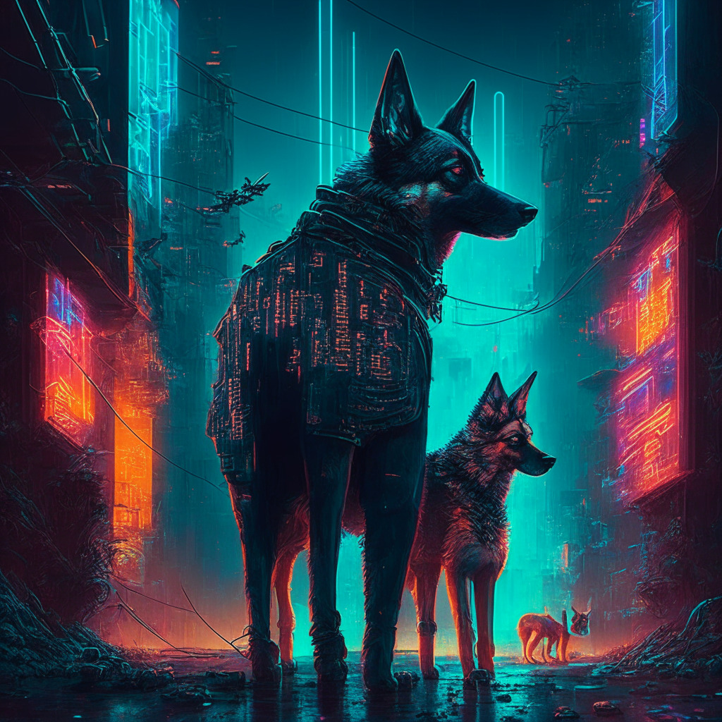 Intricate cyberpunk cityscape, German Shepherds in web3 attire, moody lighting with a neon glow, hints of historical espionage, virtual gaming world vibes, cryptic blockchain puzzle, empowering diverse agents, dynamic & vigilant mood, blending old & new intelligence forms.