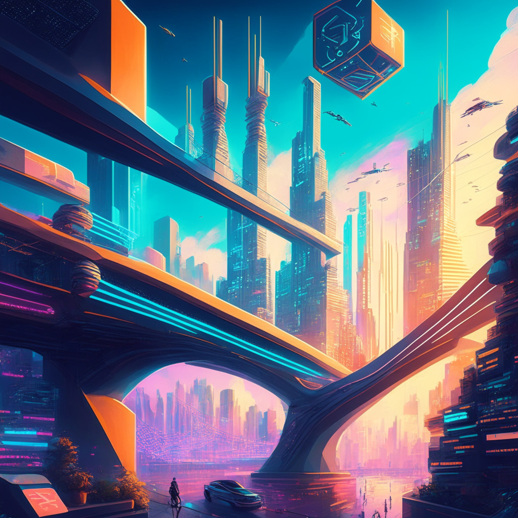 Futuristic cityscape with blockchain bridges, Giddy wallet flying, Bitrefill gift cards, diverse shoppers, DeFi elements, warm soft lighting, interconnected crypto and real-world entities, vibrant hues, secure atmosphere, freedom of spending, 350 characters limit.
