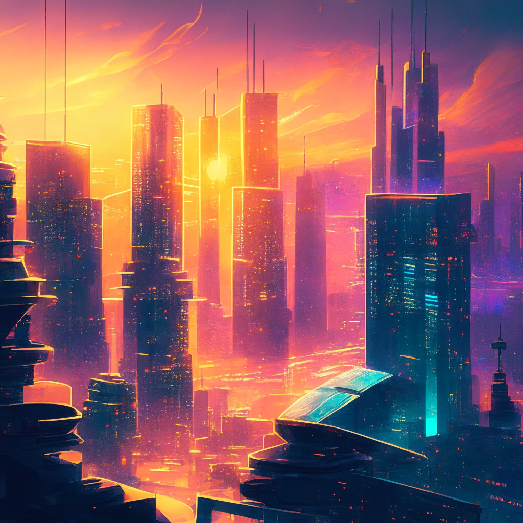 Futuristic global cityscape, central banks connected with holographic links, diverse currencies morphing into CBDCs, balancing scale with benefits and privacy concerns, warm glowing light from sunset, painterly Impressionist style, optimistic yet cautious mood, hint of digital surveillance.