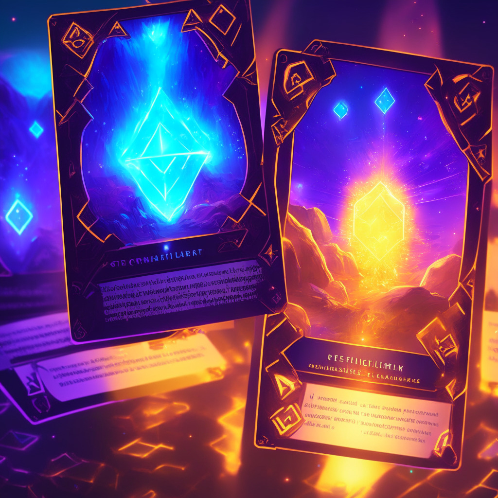 Glorious blockchain trading card game scene, vibrant colors, strategic gameplay, glowing Ethereum layer-2 network, dusk light setting, magical aura, excited gamers, tense mood, convergence of traditional and Web3 gaming worlds. (345 characters)