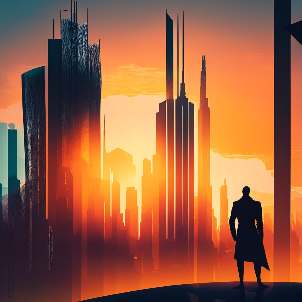 Sunset cityscape with sleek skyscrapers, futuristic fintech theme, a vigilant guardian overlooking the scene, contrasting shadows and light representing innovation and security, mood of cautious optimism, abstract visualizations of AI analyzing transactions, hint of tension between technology and privacy.