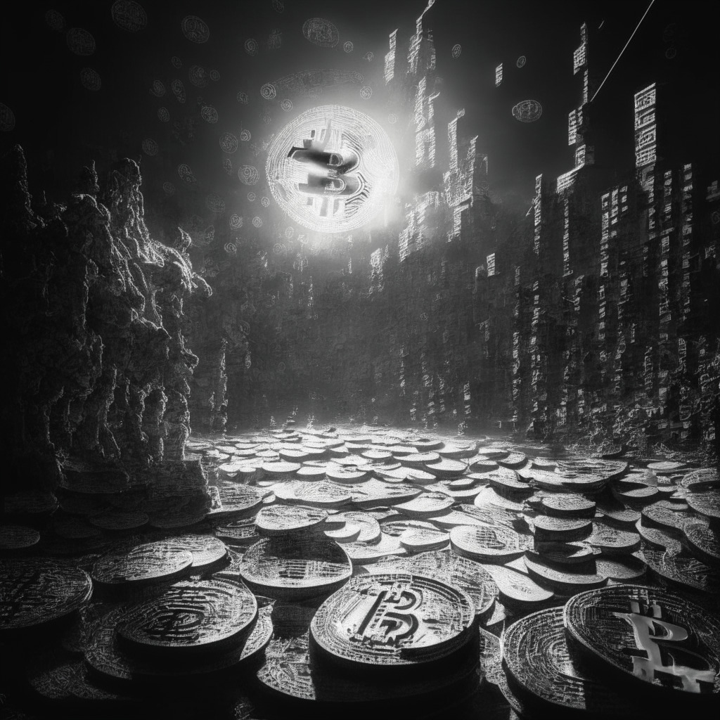 Intricate financial landscape, spotlight on Grayscale Bitcoin Trust & BlackRock's ETF filing, digital tokens shimmering, contrast of light & shadows, optimistic atmosphere, textured visual elements, cryptocurrency market fluctuations, transformational investment future, decision-making crossroads.