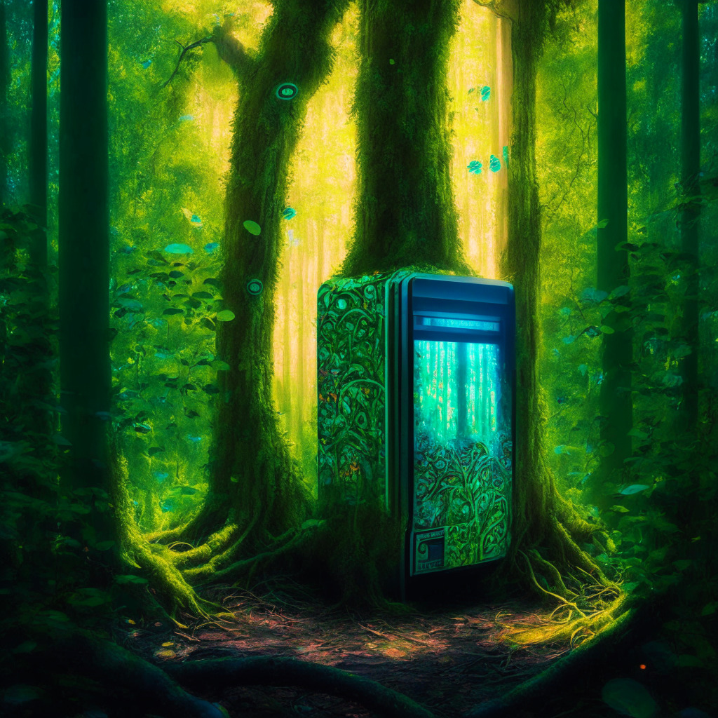 Surreal, lush forest glowing with vibrant greens, multitude of trees representing Cardano Forest, interconnected roots symbolizing carbon-neutral blockchain, artistic style: impressionism, light setting: sunrays filtering through the canopy, mood: hopeful, balanced composition highlighting a Reverse Vending Machine and recycled materials, hinting at Ecoterra's potential.