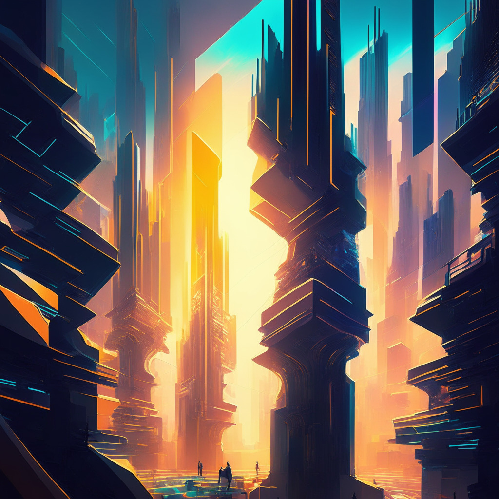Futuristic cityscape, interconnected blockchain networks, radiant glow of innovation, bright and optimistic mood, a touch of cubist art style, daylight softly illuminating, opportunities and challenges floating, digital currents flowing swiftly, contrasting shadows of skepticism, immersive atmosphere of evolution, labyrinth of crypto markets.