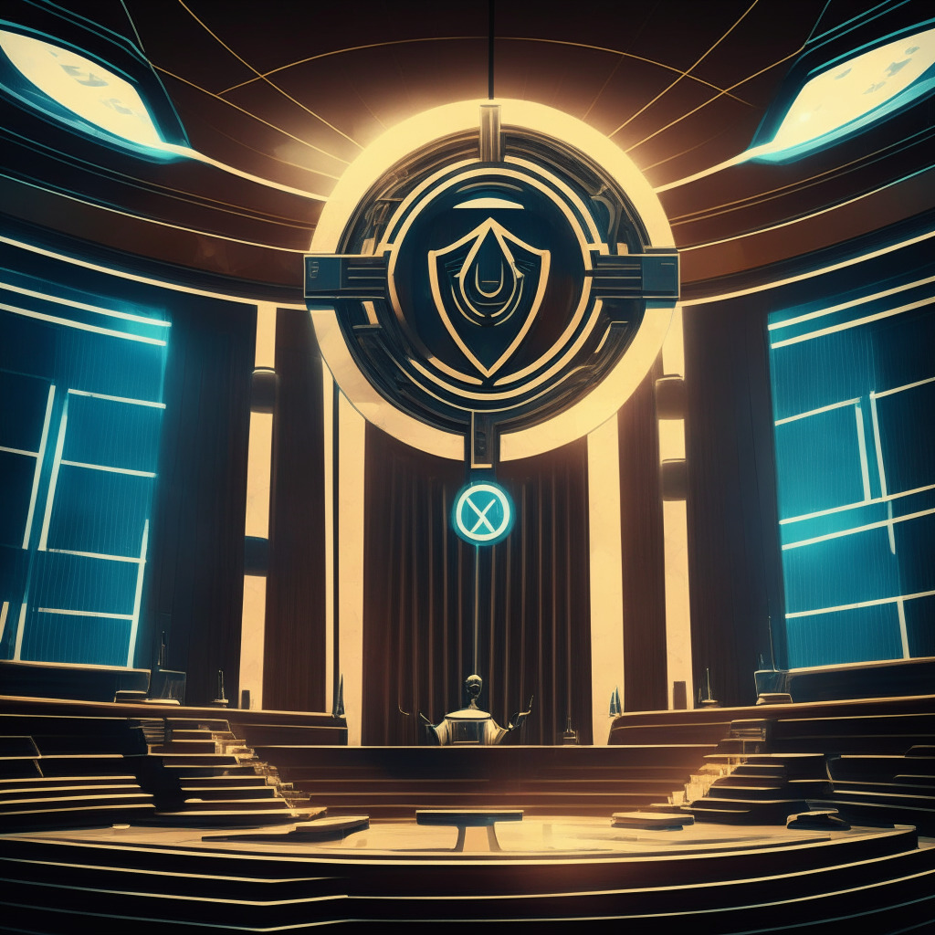 Futuristic courtroom scene, judge with gavel, DeFi platforms & DAO symbols as defendants, CFTC & SEC logos as litigants, intricate Art Deco style, contrasting light & shadow, mood of tension & uncertainty, regulatory symbols in the background, question mark hovering above, digital texture.
