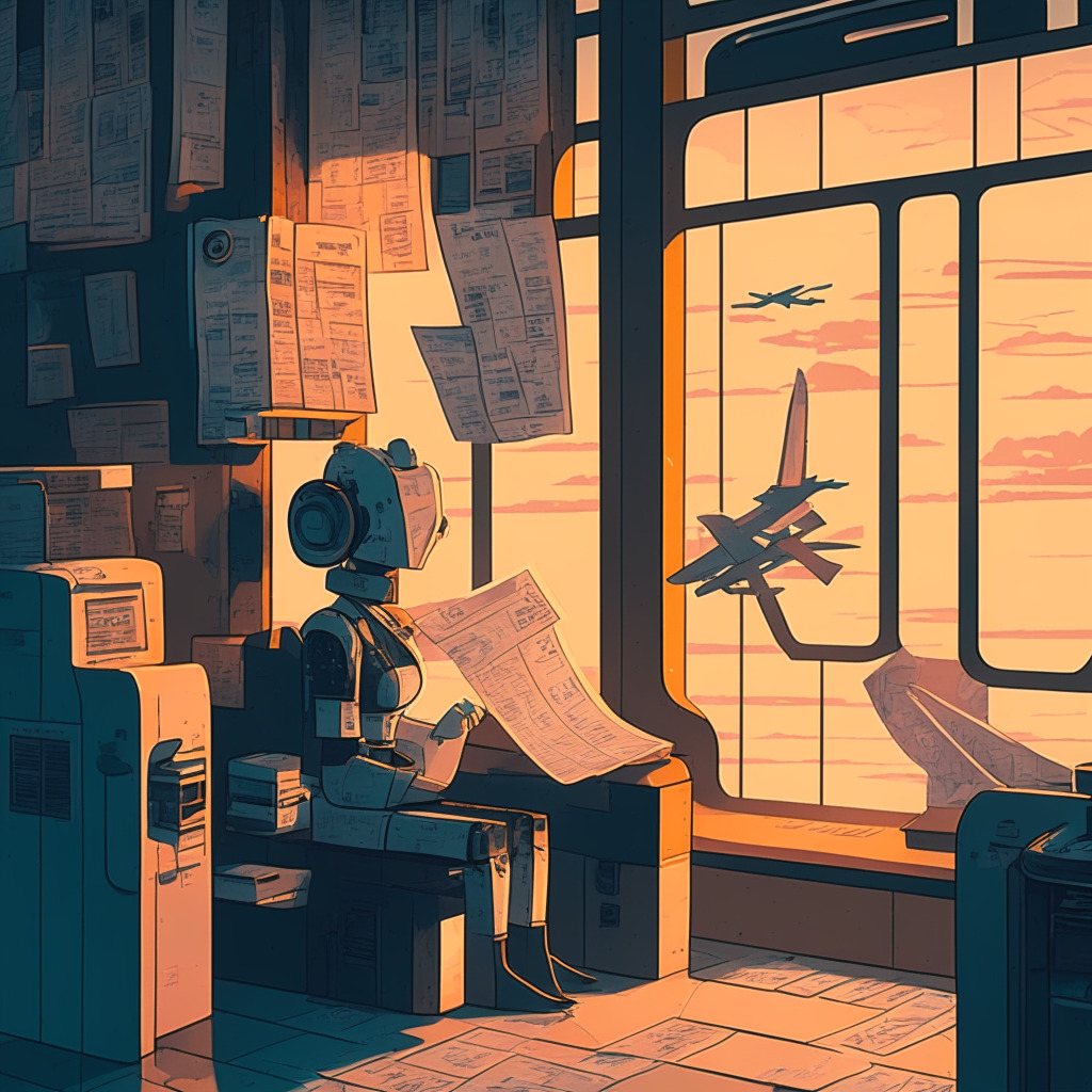Dusk-lit scene of an AI bot trying to book travel in a stylized retro futurism style. A translucent AI bot sits in a vintage airline ticket office filled with scattered paper tickets, route maps, stamp books, with a perplexed look. Far from perfect, it struggles to decipher complexities. It's humorous but subtly hints at a promising future, emitting a mood of hushed anticipation.