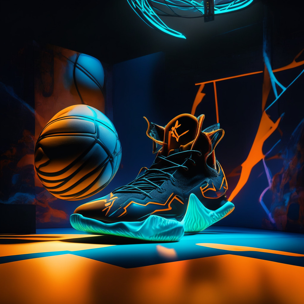 Futuristic streetwear-inspired NFT sneakers, a basketball court backdrop, LaMelo Ball signature, neon highlights, edgy urban artistic style, warm lighting, contrasting shadows, dynamic composition, energetic mood, sense of exclusivity, digital-to-physical transition.