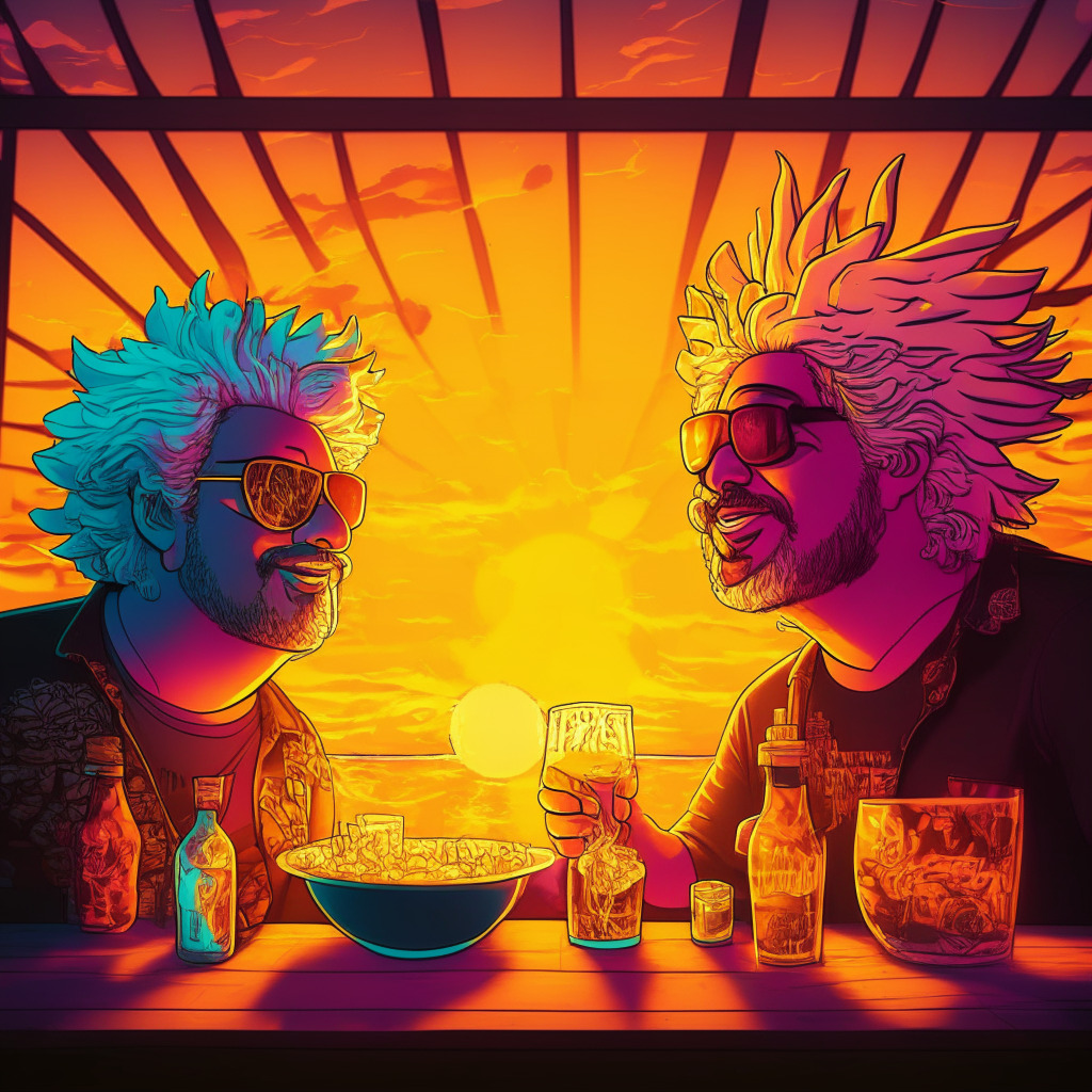 Sunset-lit cantina, Guy Fieri & Sammy Hagar toasting tequila glasses, animated NFTs floating above, vibrant artistic style, warm & exciting atmosphere, a mysterious NFT awaits discovery, hint of skepticism, anticipation for blending tequila and blockchain.