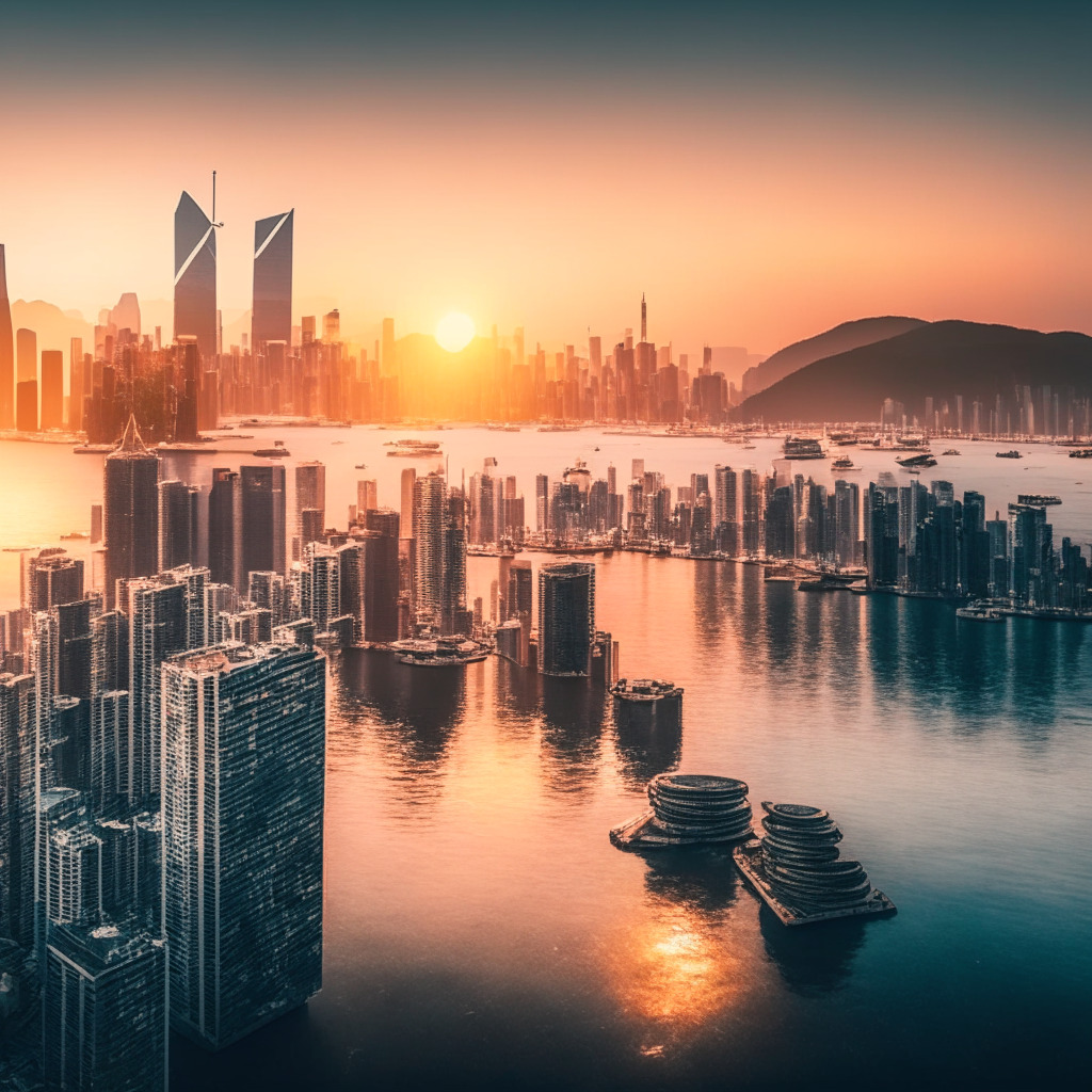 Sunrise over Hong Kong skyline, blockchain and coins, balance scale with rewards and risks, subdued color palette, chiaroscuro lighting, educational and investor focus, sense of progress and caution, representing HSBC's launch of crypto services and Virtual Asset Investor Education Center.