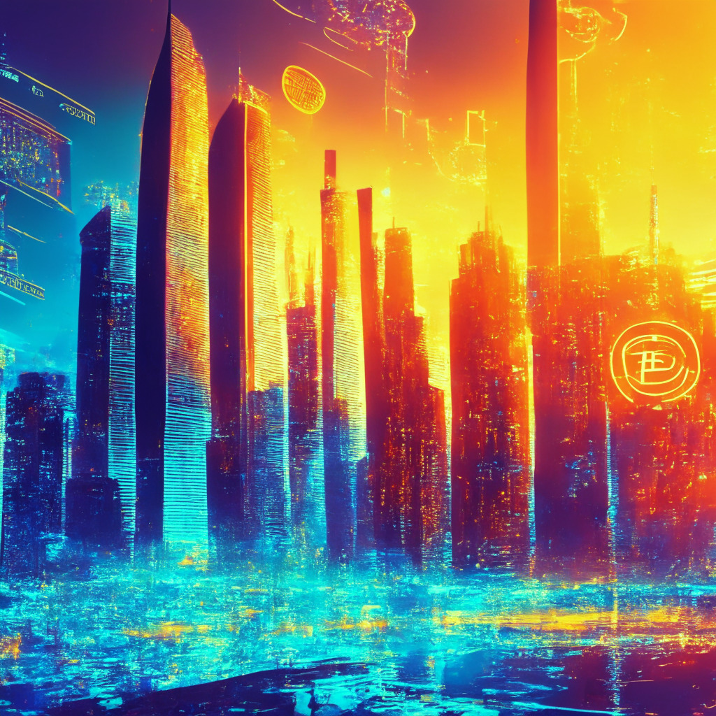Futuristic Hong Kong skyline, trading floor with holographic screens displaying Bitcoin & Ethereum charts, warm golden sunset, impressionist brushstrokes, vibrant colors, dynamic bustling atmosphere, sense of crypto accessibility, embracing innovation, investors trading digital asset ETFs.