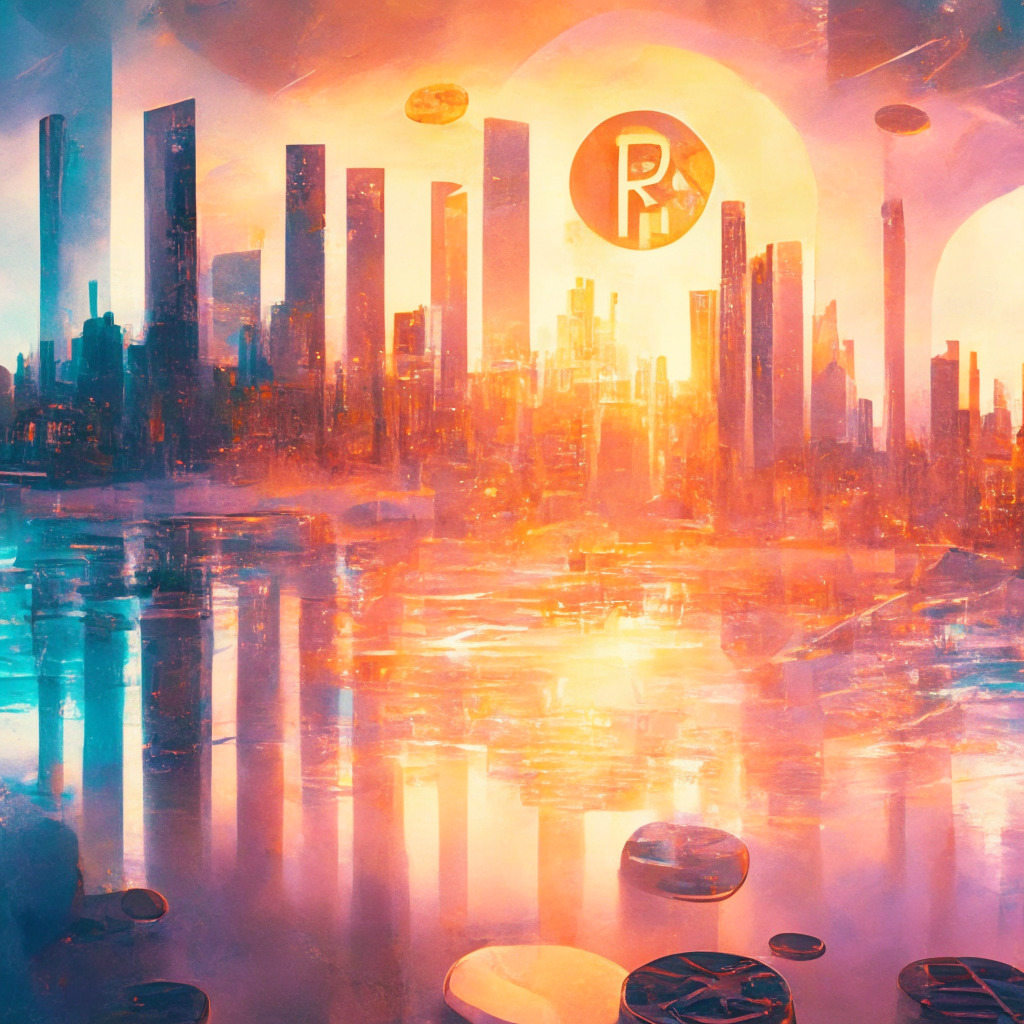 Futuristic financial district, Ripple XRP Ledger at the center, glowing web of cross-border transactions, subdued sunset light, watercolor effect, mix of warm and cool colors, underlying tension, hopeful yet cautious ambiance.
