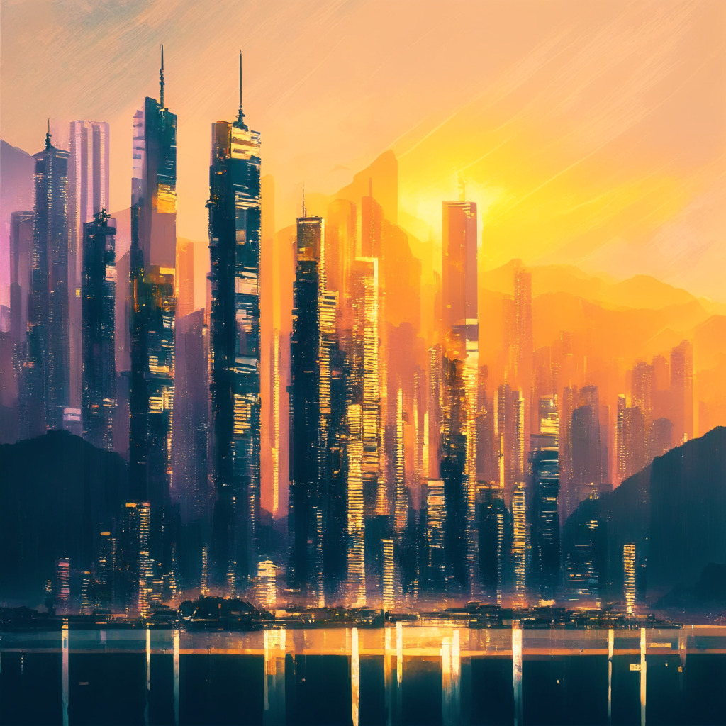 Futuristic Hong Kong skyline, HSBC building prominent, Crypto ETFs in the form of holograms, Soft, golden twilight hues, Impressionist-style brushwork, Exhilarating mood, Risky undertone, Investors browsing Virtual Asset Education Centre, Bold contrast, Hopeful future for crypto integration.