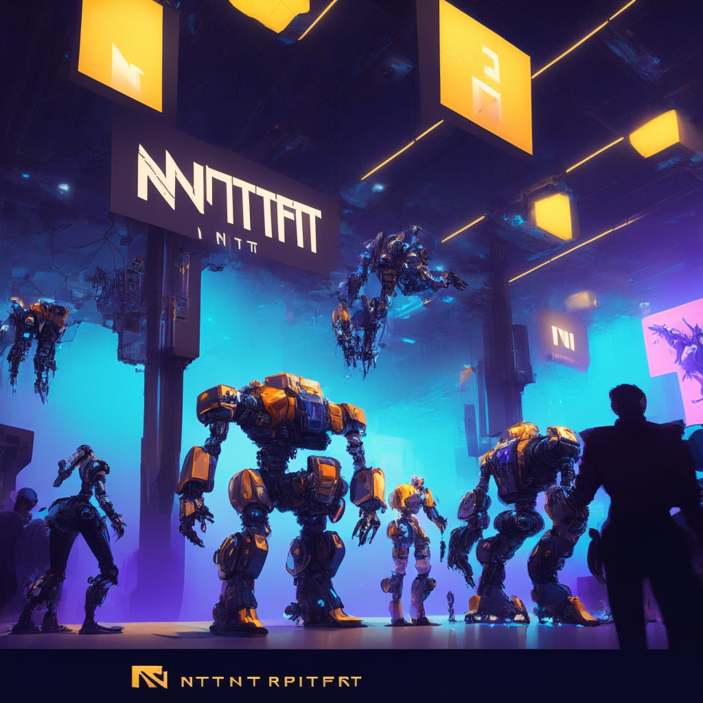 Futuristic workshop bustling with NFT robots, intricate mech suits displayed, dynamic lighting casting dramatic shadows, a stylistic metaverse backdrop, players immersed in enhancing their workshops, a competitive yet hopeful atmosphere, vibrant colors symbolizing the progression of blockchain gaming & NFTs.