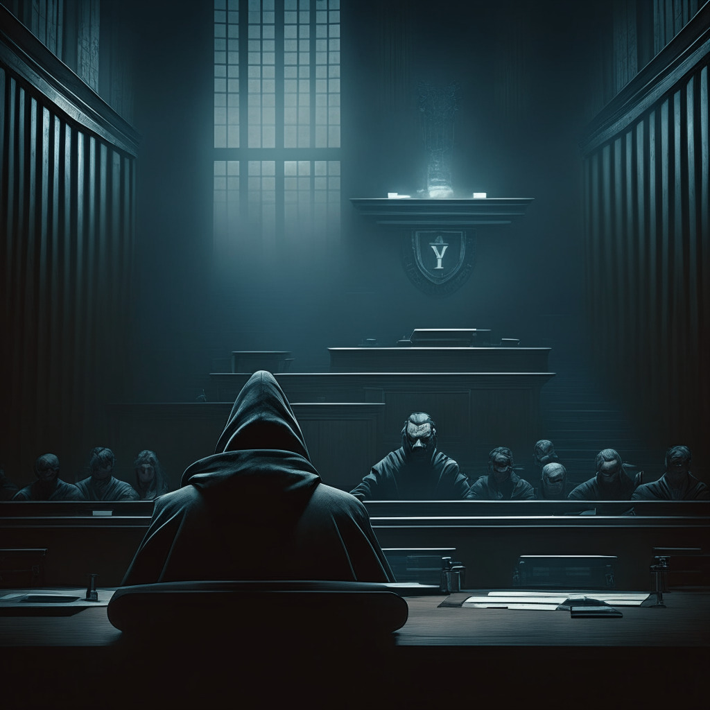 Mysterious hacker infiltrates lawyer's account, cryptographic courtroom scene, chiaroscuro lighting, tension-filled atmosphere, murky depths of disinformation, vigilant onlookers seeking truth. No logos, 350 characters.