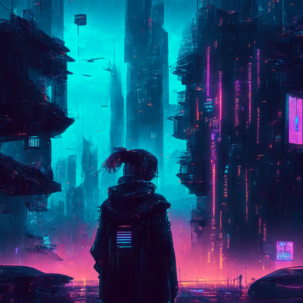 Intricate cyberpunk cityscape, futuristic technology elements, somber light setting, dusk ambiance, holographic representations of OpenAI, ERC-20 tokens, and scam alert symbols, contrasting security and doubt moods. AI-driven mass adoption vs risks in finance, with users united against online threats.