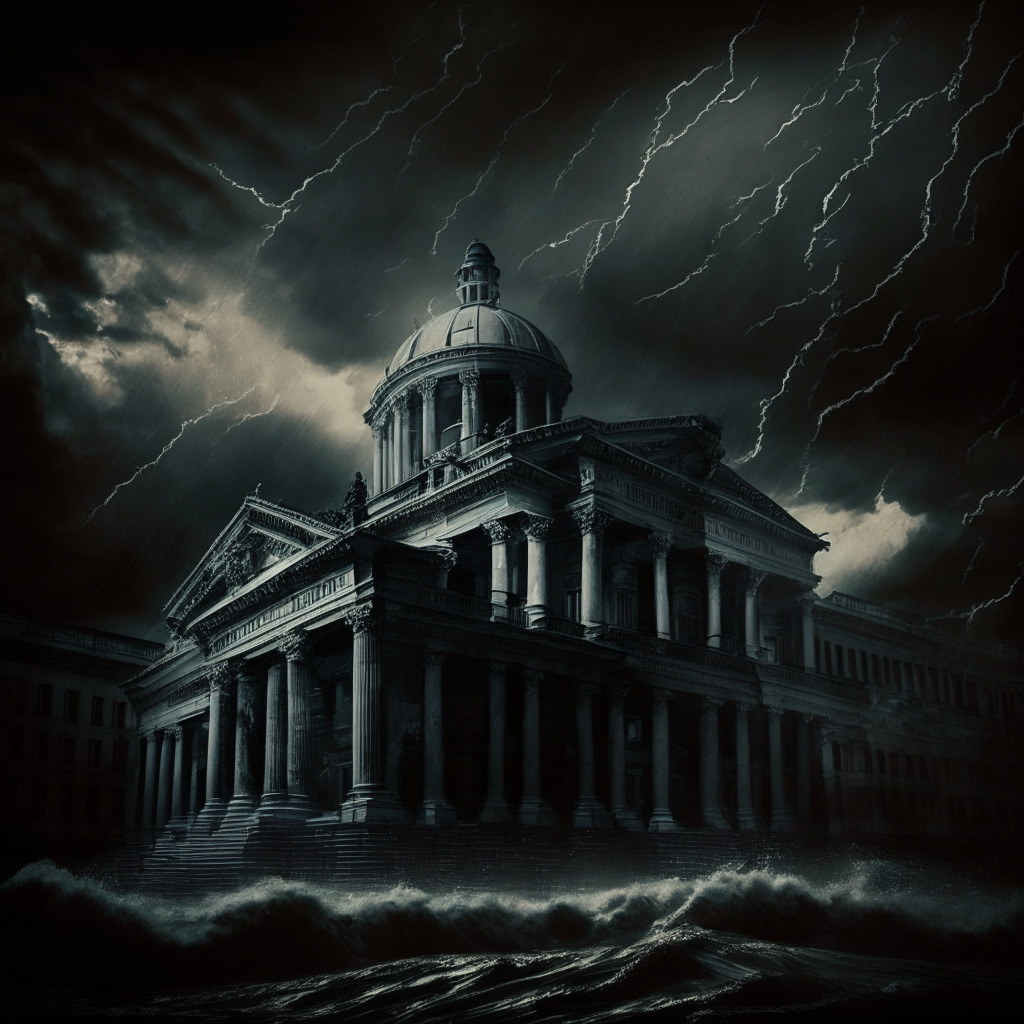 Dark stormy sky, turbulent waves, looming SEC courthouse, crypto coins (BNB, ETH) sinking, distressed investors, chiaroscuro lighting, dramatic Baroque style, somber mood, no logos.