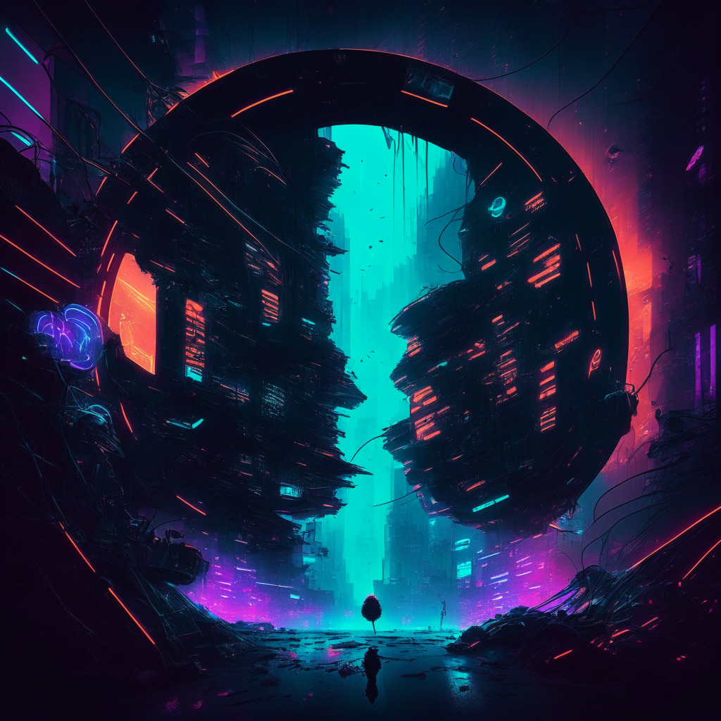 Cyberpunk city with vulnerable blockchain nodes, eerie neon lights, mysterious shadows, chaotic scene with flashes of hope, nodes trapped in endless loop, an urgent mood to prevent paralyzed networks, prominent silhouette of a hamster wheel representing the attack, resilience to protect technologies.