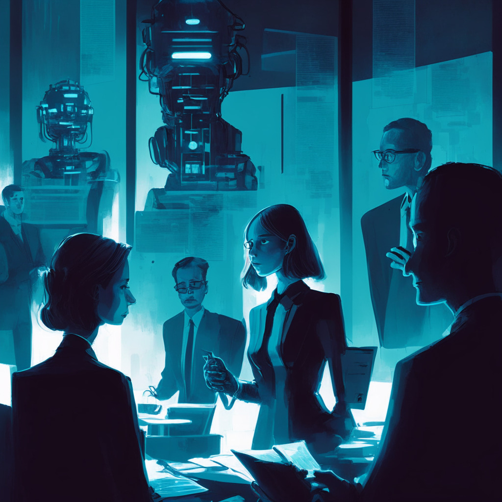 Illustrate the debate over AI regulations and consumer safety, featuring chatbots discussing potential risks, EU, US, and UK officials pondering new laws, and advocates for stricter regulation. Imbue an air of tension and concern, employ chiaroscuro lighting, and use a blend of impressionist and futuristic artistic styles for a mood of anticipation.