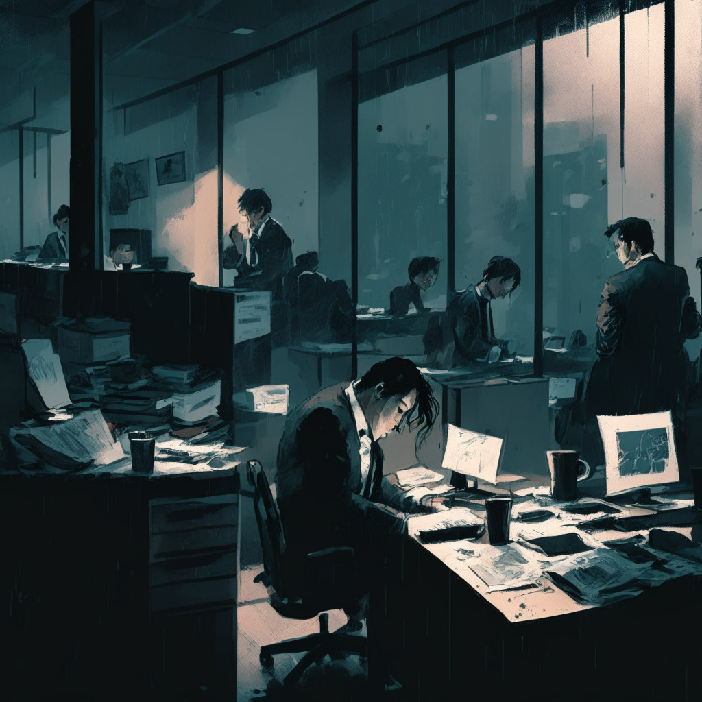 Dimly lit financial office, distressed employees, terminated contracts scattered, gloomy atmosphere, expressive brush strokes, South Korean crypto-world scene, Haru Invest struggles, mingled emotions.