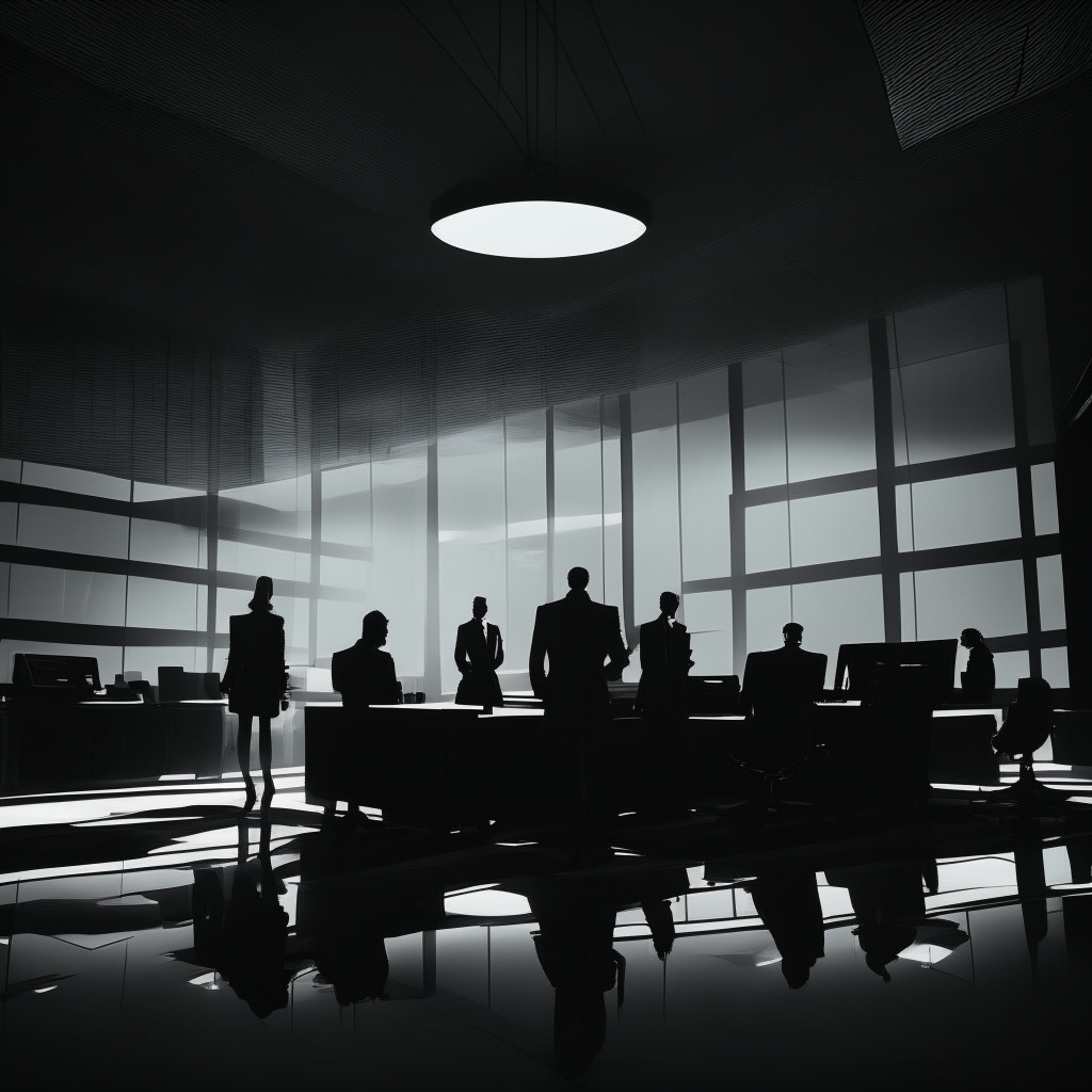 Digital asset management platform suspension scene: somber mood, sleek office interior, tense meeting, dim lighting, shadows of finance professionals, glowing screens reflecting on faces, touch of film noir style, users nervously checking phones, contrast of warm and cool tones, dynamic composition.