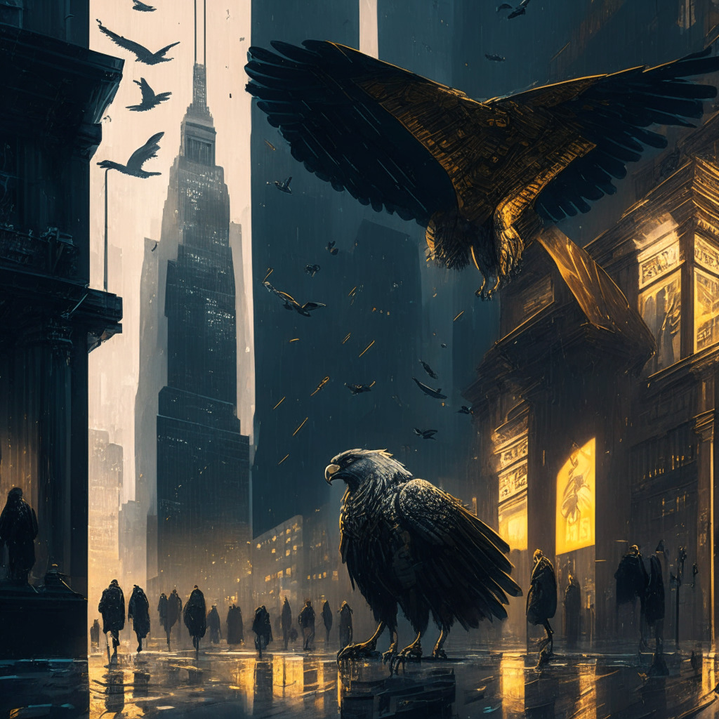 Intricate urban financial district, gloomy light setting, dynamic trading scene with hawk overseeing, mixed emotions among traders, tension in the air, hint of futuristic digital art style, focus on uncertain cryptocurrency market, hints of gold and Bitcoin symbols, fragile relationship between government decisions and crypto value.
