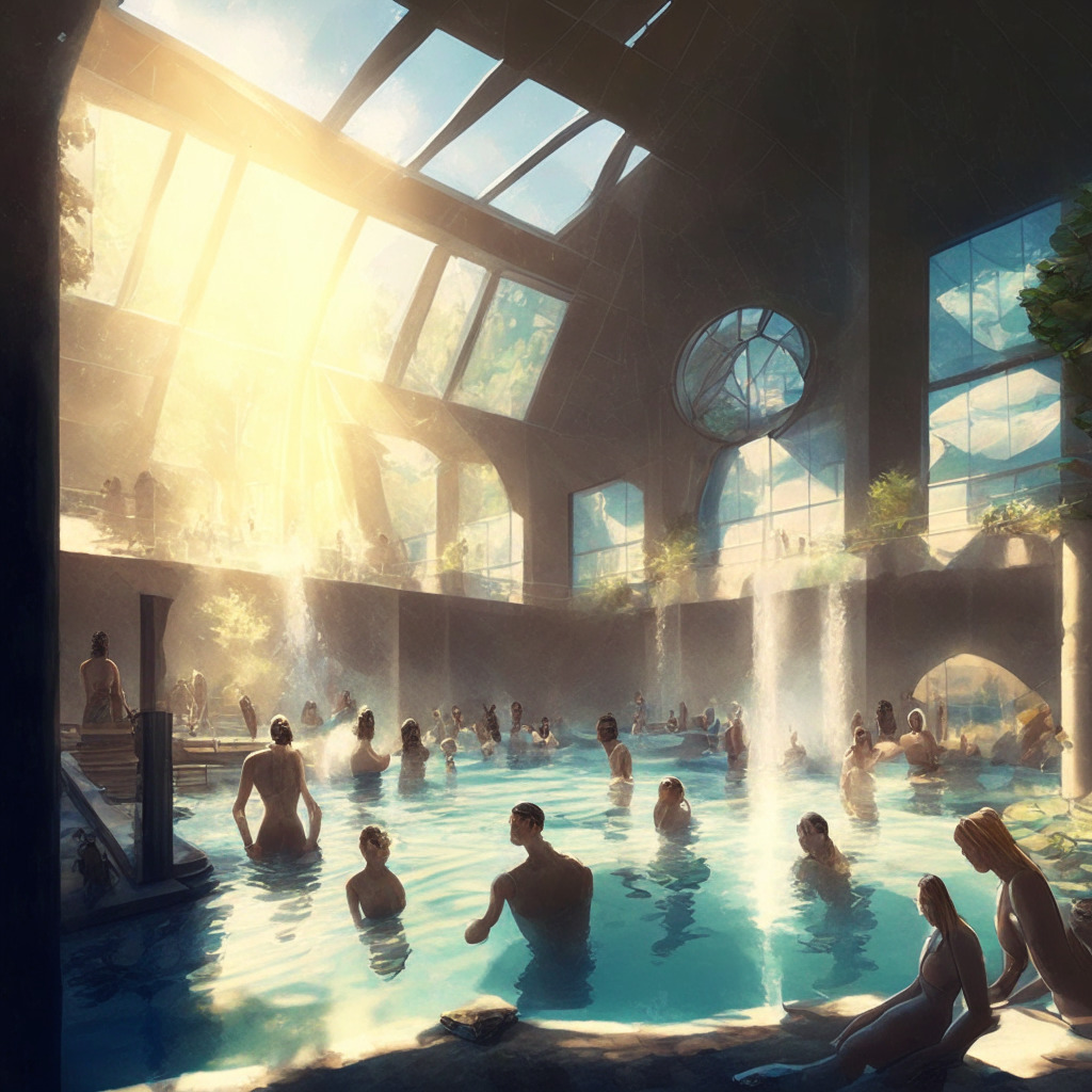 Innovative bathhouse scene, eco-friendly vs. futuristic, warm inviting pools heated by Bitcoin mining, subtle glow of mining rigs, contrast between nature and technology, sunlight filtering through skylights, guests enjoying soothing waters, dappling reflections, debate between environmentalists and enthusiasts in background, atmosphere of curiosity and progress within 350 characters.