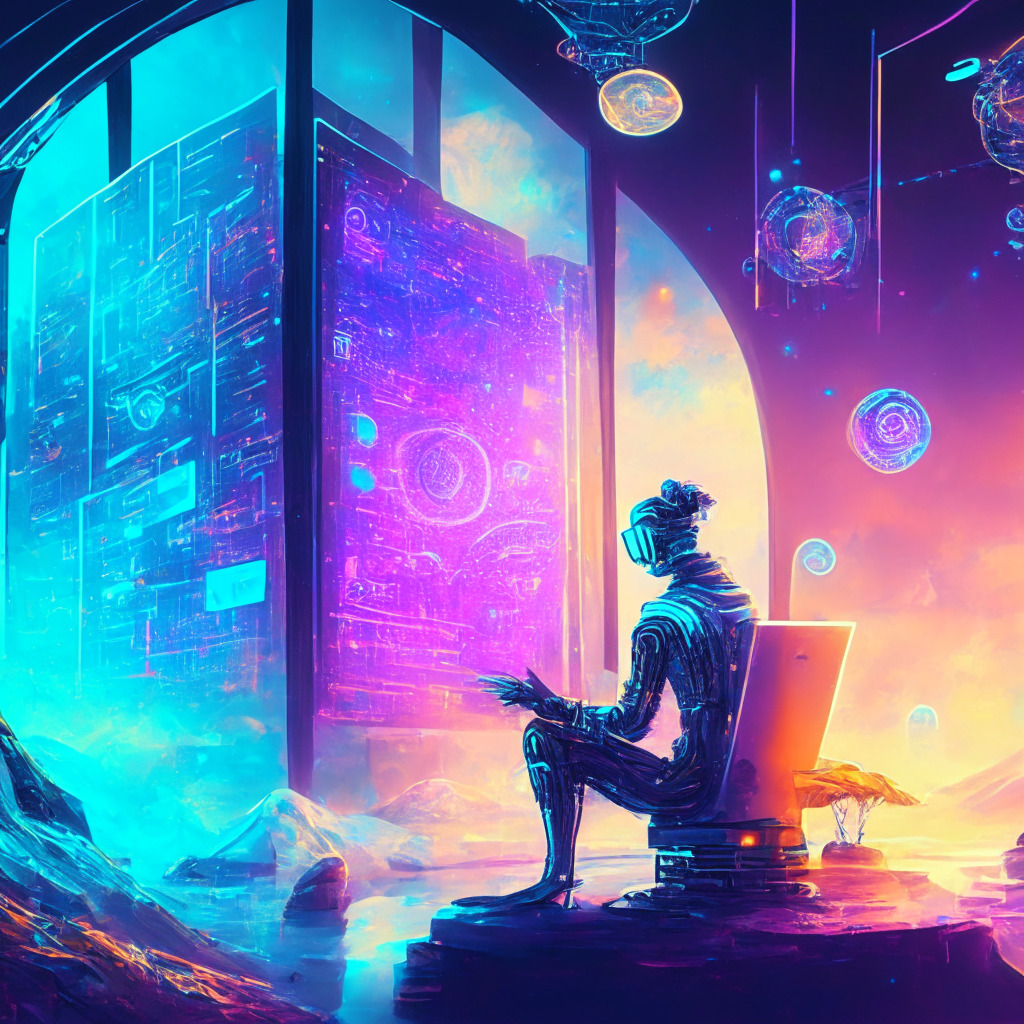 Intricate cyberspace landscape, vibrant robo-adviser assisting users with cryptocurrency investments, diverse portfolio stacks, delicate balance of control and responsibility, futuristic technology, soft pastel colors to convey innovative approach, subtle lens flare for optimism, fusion of traditional and modern investing, moody ambience reflecting the unpredictable nature of crypto market.